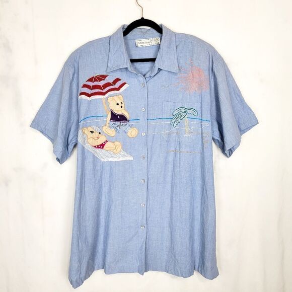 Vintage Fitting Image Applique Embroidered Bear Beach Button Up Shirt - Picture 1 of 6